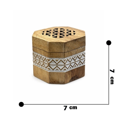 مبخرة خشبية سداسية ميني بنقشة بيضاء وغطاء مغناطيس