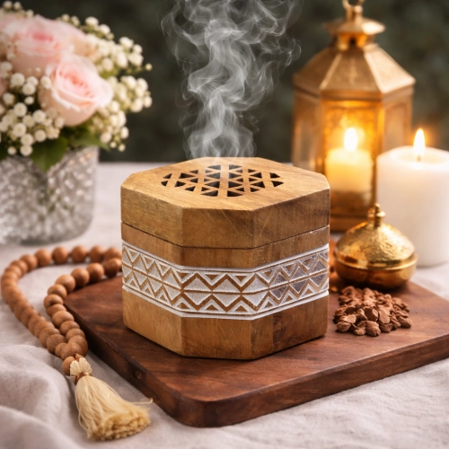 مبخرة خشبية سداسية ميني بنقشة بيضاء وغطاء مغناطيس