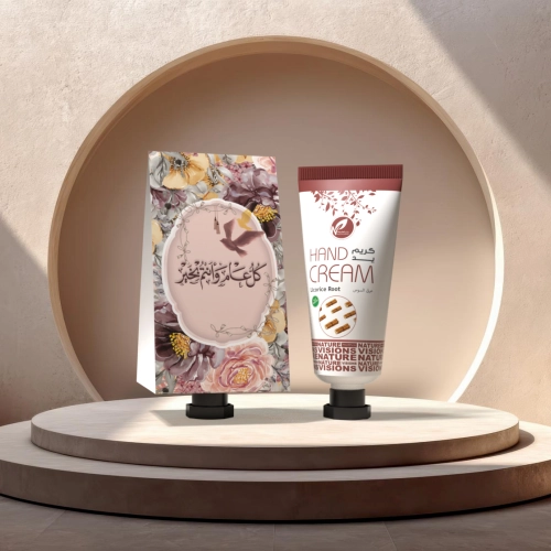 توزيعات العيد مع حامل ميني كريم اليد عرق السوس - لون وردي - كل عام وأنتم بخير ( 5 قطع )