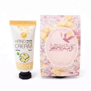 توزيعات العيد مع حامل ميني كريم اليد فانيلا - لون وردي - كل عام وأنتم بخير ( 5 قطع )